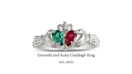 Emerald and Ruby Claddagh Ring in Sterling Silver